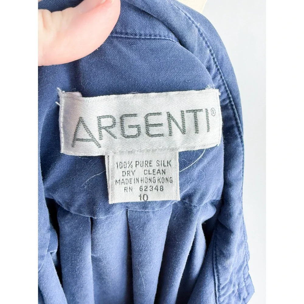 Argenti Silk Shirt Dress Vintage 80s Midi Pleated 10 Blue Long Sleeve Pocket